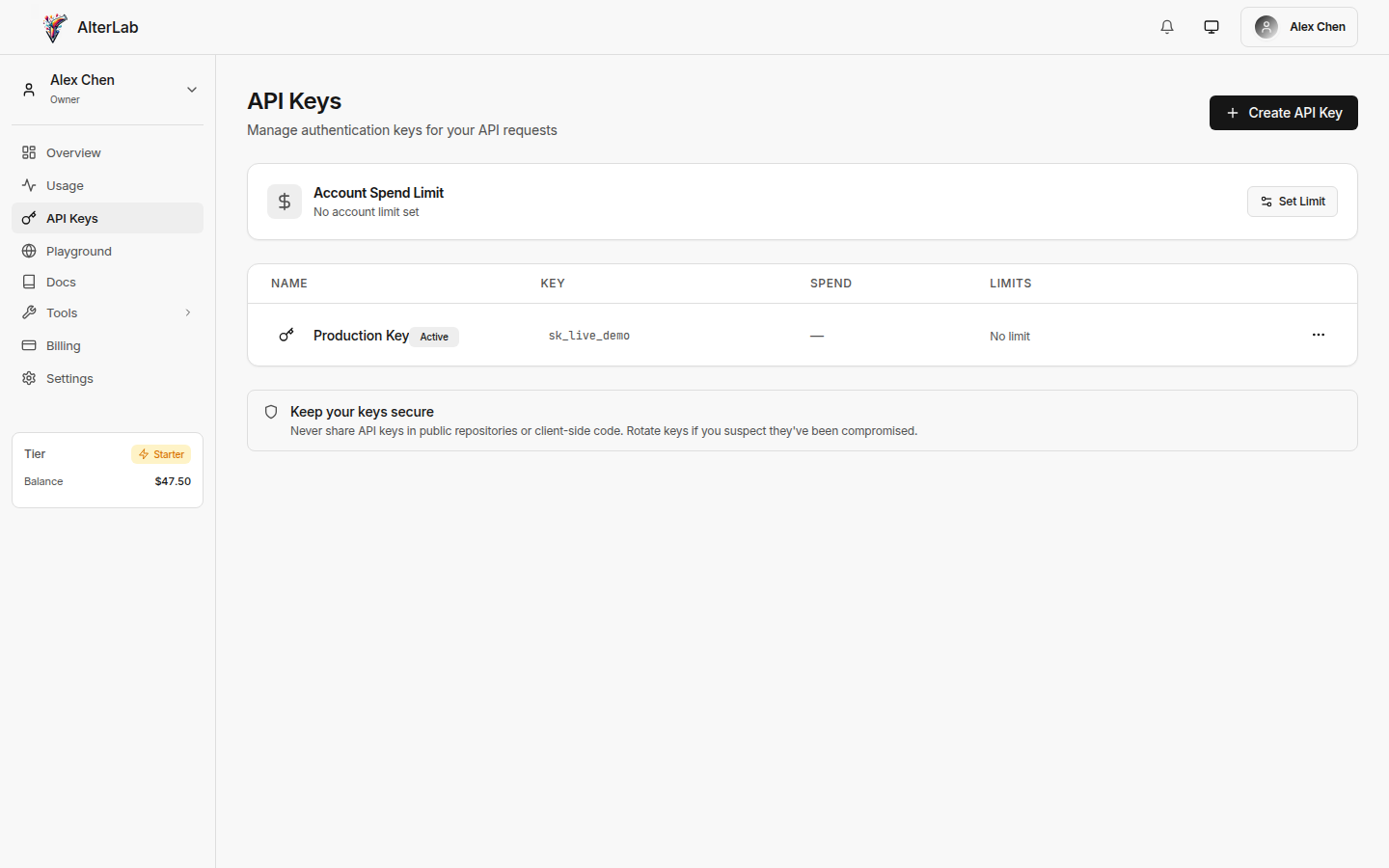 AlterLab API Keys management page showing active keys, spend limits, and key creation controls