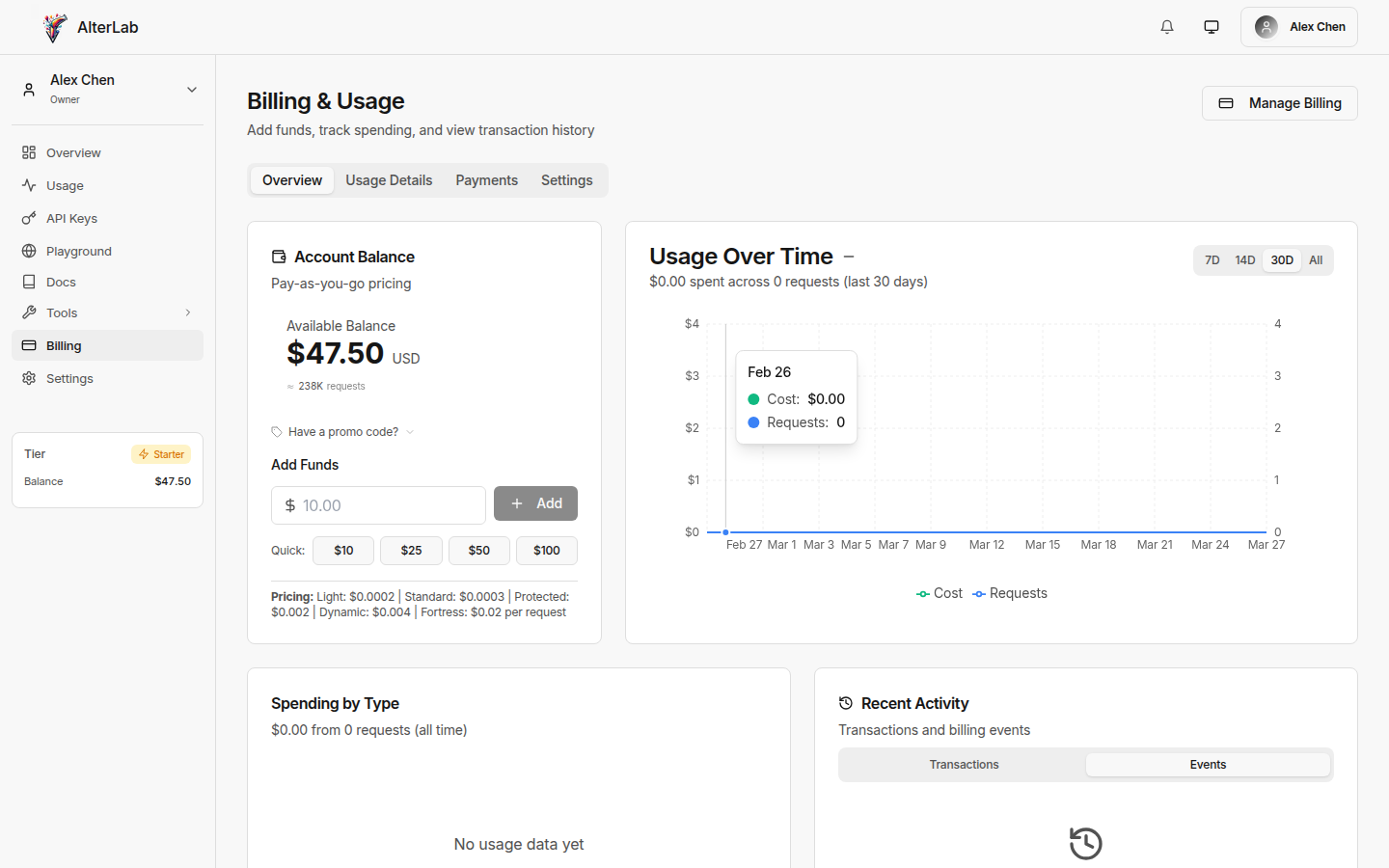 AlterLab Billing dashboard showing balance, payment history, and top-up options