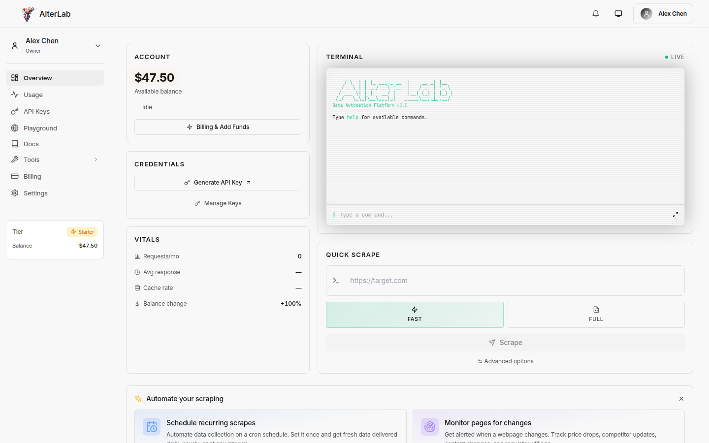 AlterLab dashboard overview showing usage analytics, recent scrape jobs, and quick actions