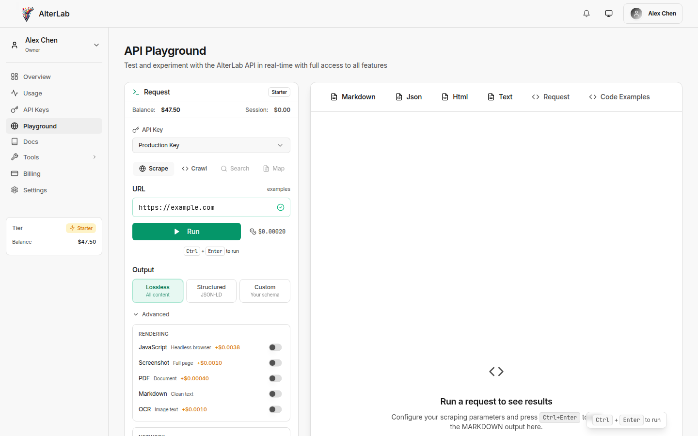 AlterLab API Playground for testing scrape requests with live responses