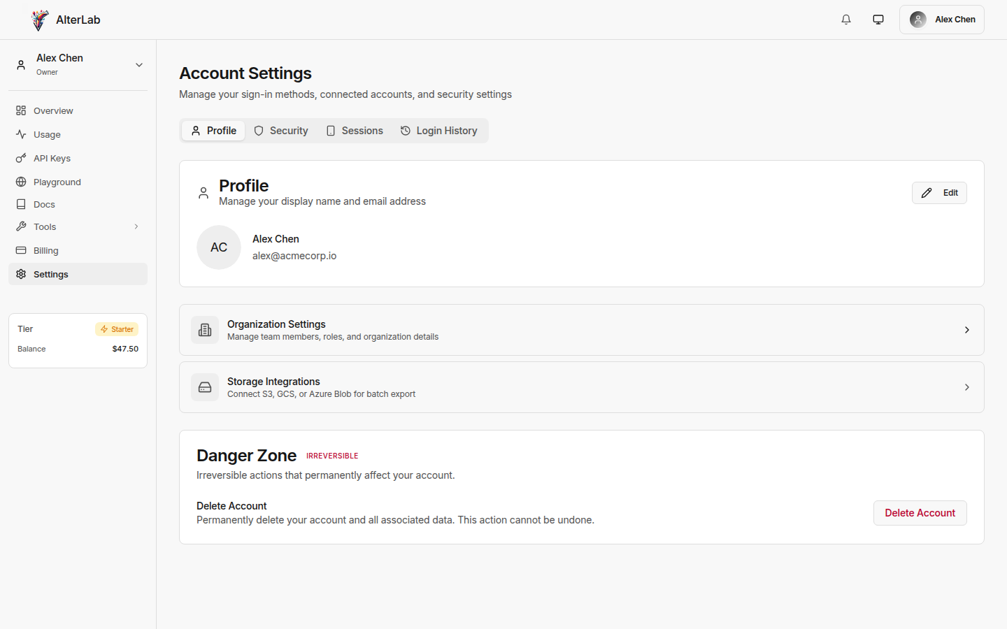 AlterLab Account Settings page showing profile, organization, and security configuration