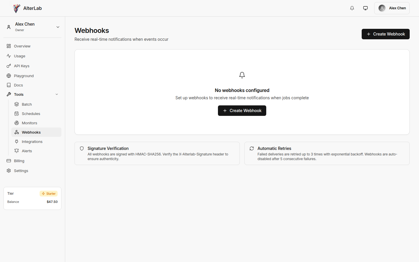 AlterLab Webhooks dashboard showing registered webhook endpoints, delivery history, and event configuration